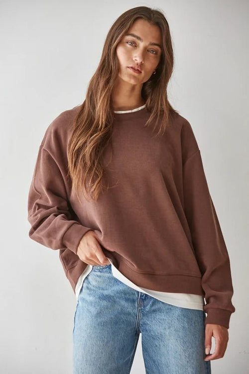 Always On Crew Twofer Pullover Knit: Chocolate - Pendo Store
