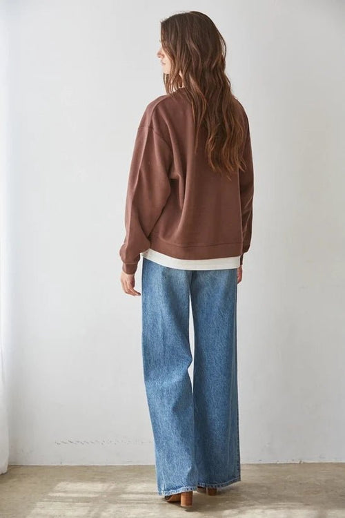 Always On Crew Twofer Pullover Knit: Chocolate - Pendo Store