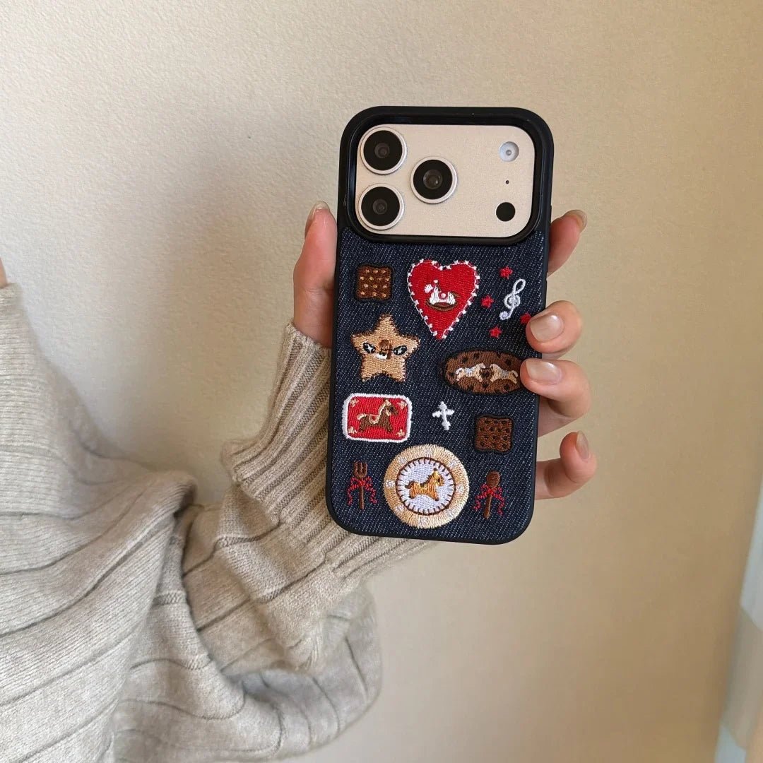 Artisan Denim Phone Case with Korean Embroidered Cartoon Design for iPhone 17 16 Pro 15 14 13 Pro Max - Pendo Store