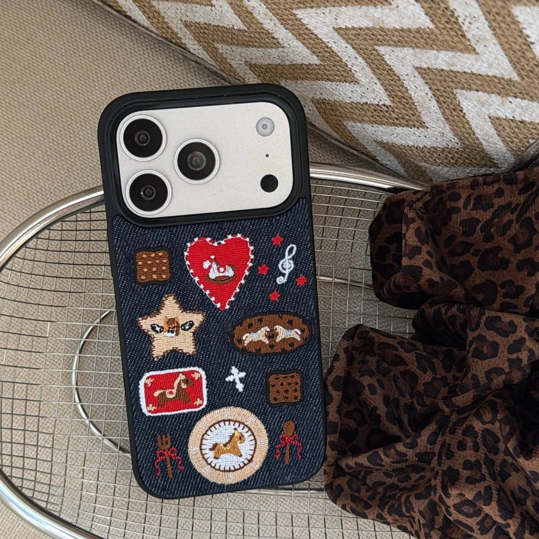 Artisan Denim Phone Case with Korean Embroidered Cartoon Design for iPhone 17 16 Pro 15 14 13 Pro Max - Pendo Store