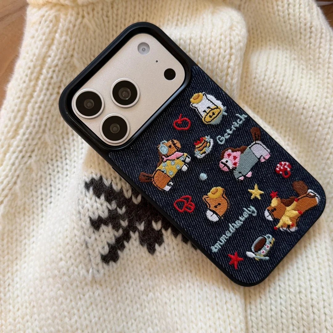 Artisan Denim Phone Case with Korean Embroidered Cartoon Design for iPhone 17 16 Pro 15 14 13 Pro Max - Pendo Store
