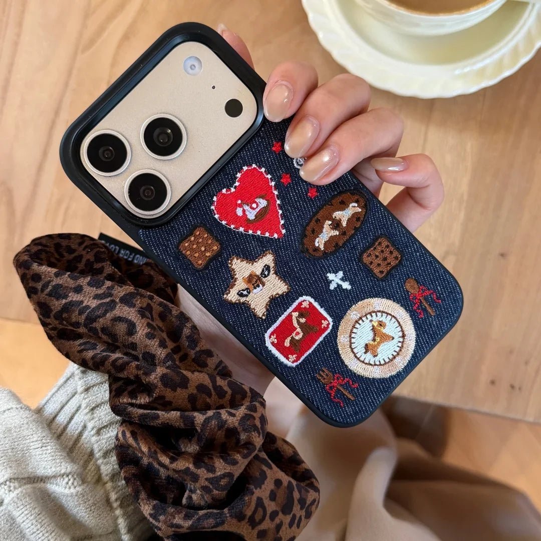 Artisan Denim Phone Case with Korean Embroidered Cartoon Design for iPhone 17 16 Pro 15 14 13 Pro Max - Pendo Store
