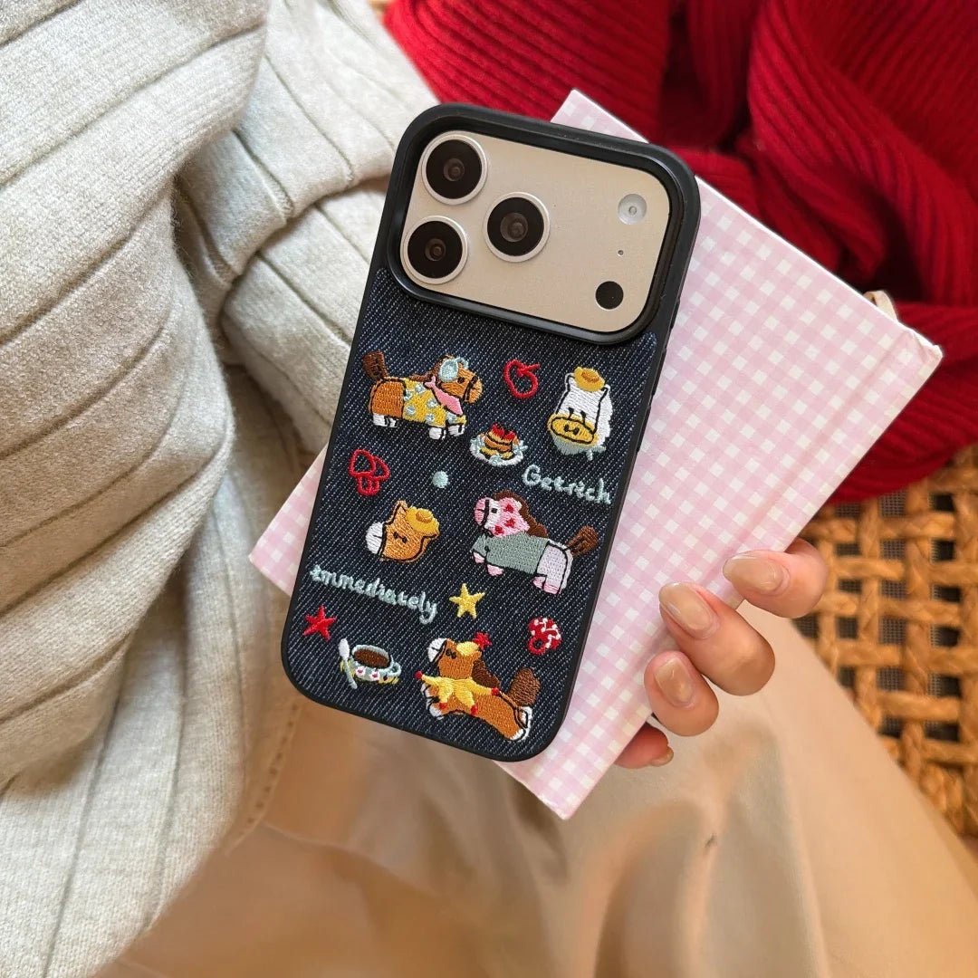Artisan Denim Phone Case with Korean Embroidered Cartoon Design for iPhone 17 16 Pro 15 14 13 Pro Max - Pendo Store