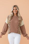 Leopard Colorblock Reverse Seam Corded Knit Long Sleeve Top