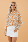 Floral Contrast Detail V-Neck Long Sleeve Blouse