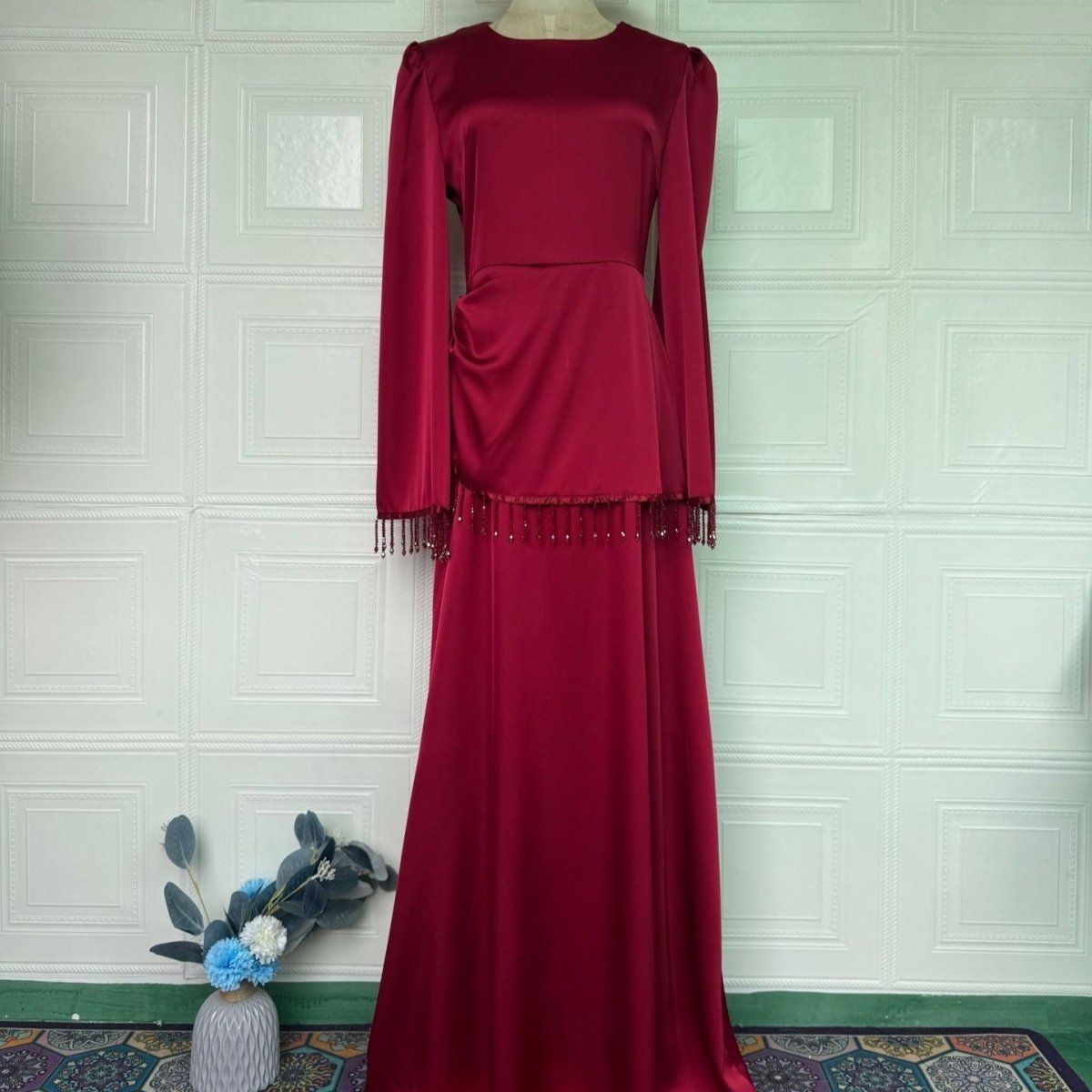 Beaded Fringe Cuff Maxi Dress(MS480) - Pendo Store