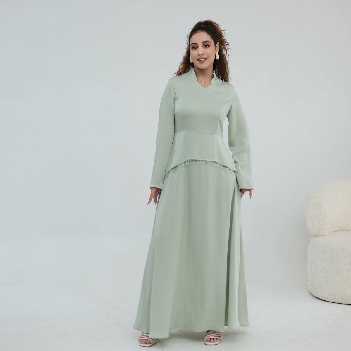 Beaded-Waist Corset-Back Flared-Sleeve Maxi Dress(MS476) - Pendo Store
