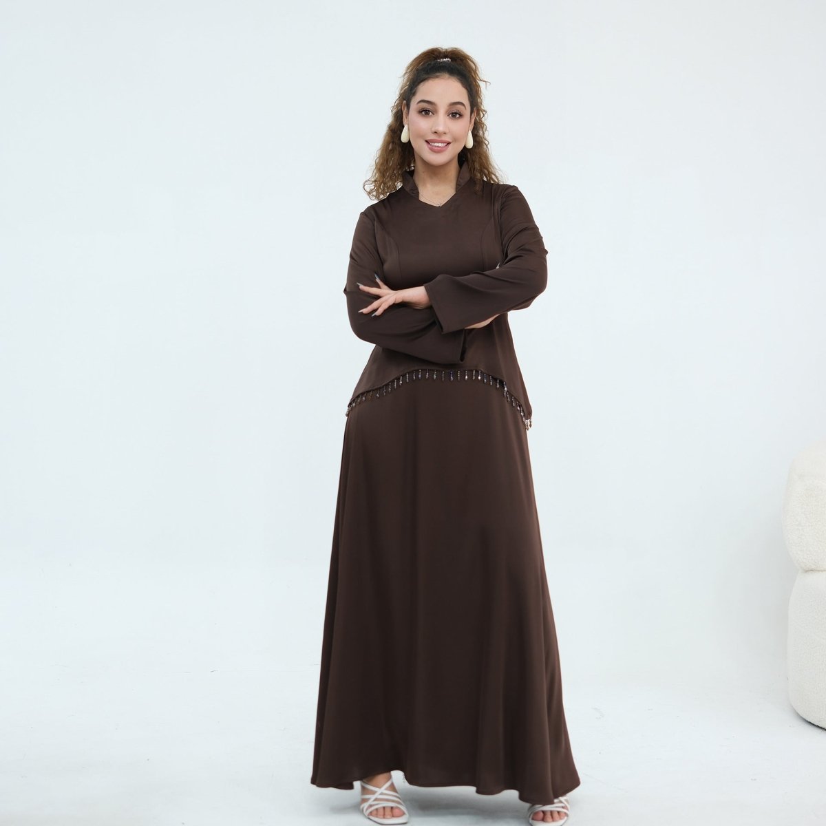 Beaded-Waist Corset-Back Flared-Sleeve Maxi Dress(MS476) - Pendo Store