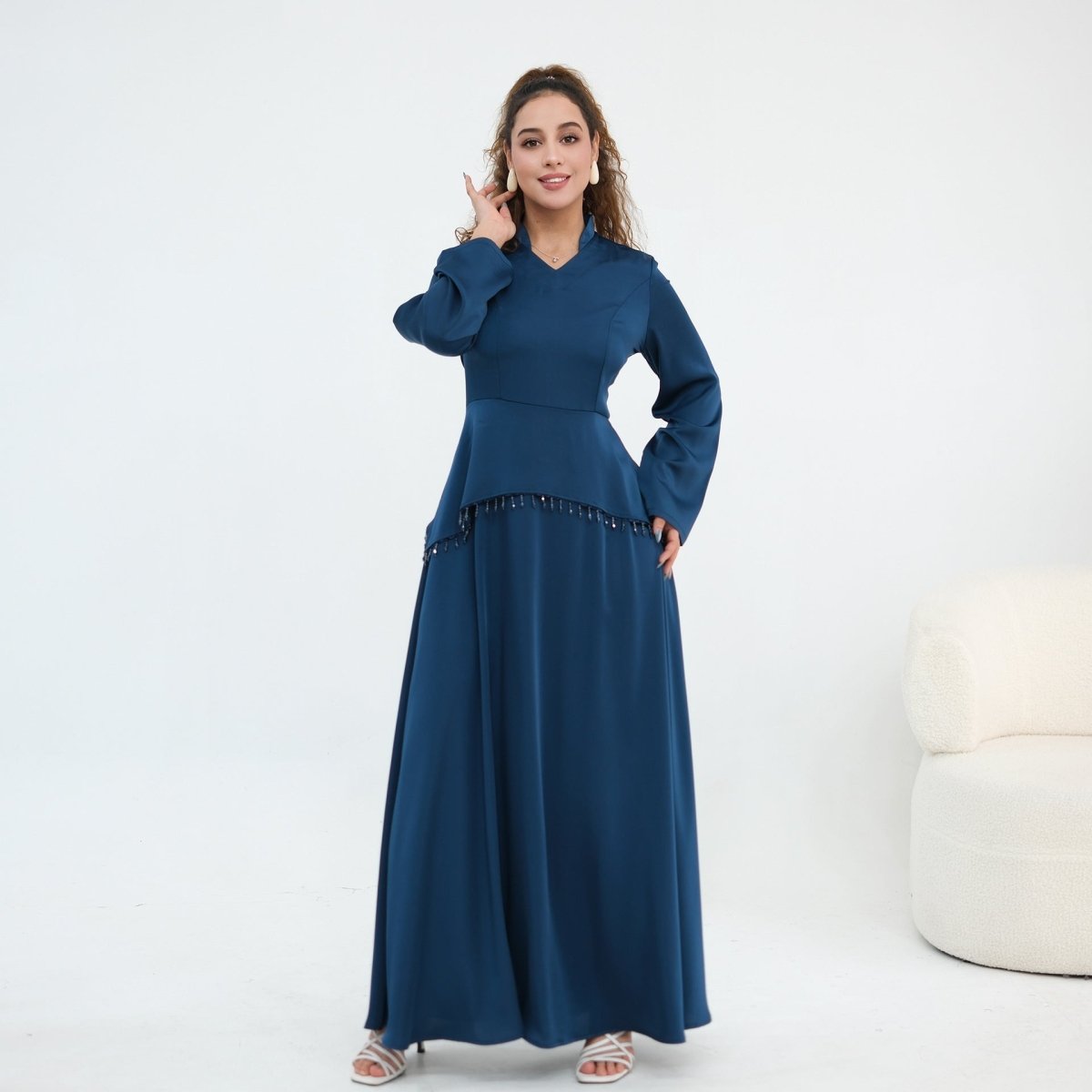 Beaded-Waist Corset-Back Flared-Sleeve Maxi Dress(MS476) - Pendo Store