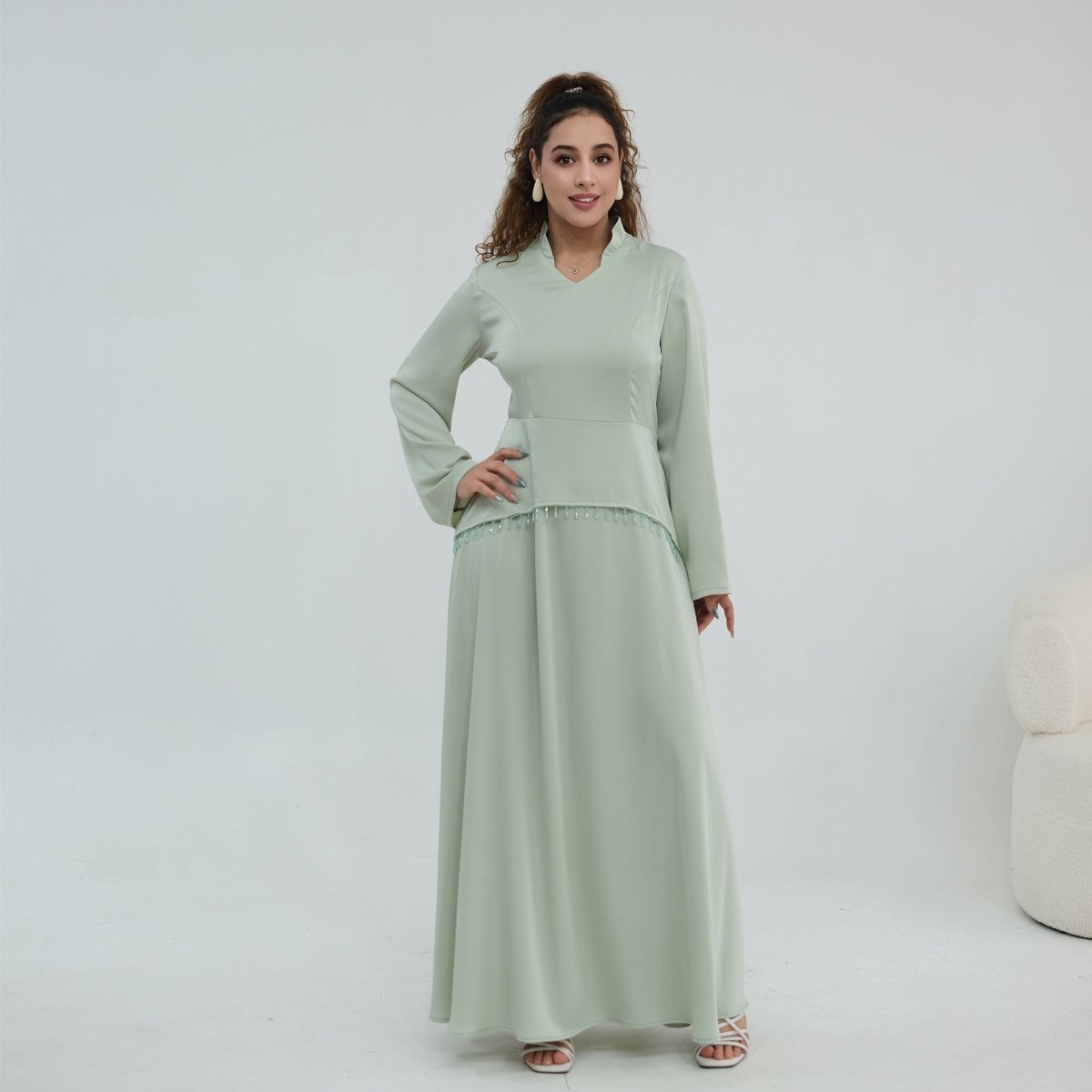 Beaded-Waist Corset-Back Flared-Sleeve Maxi Dress(MS476) - Pendo Store