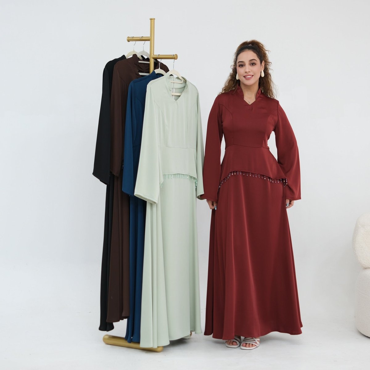 Beaded-Waist Corset-Back Flared-Sleeve Maxi Dress(MS476) - Pendo Store