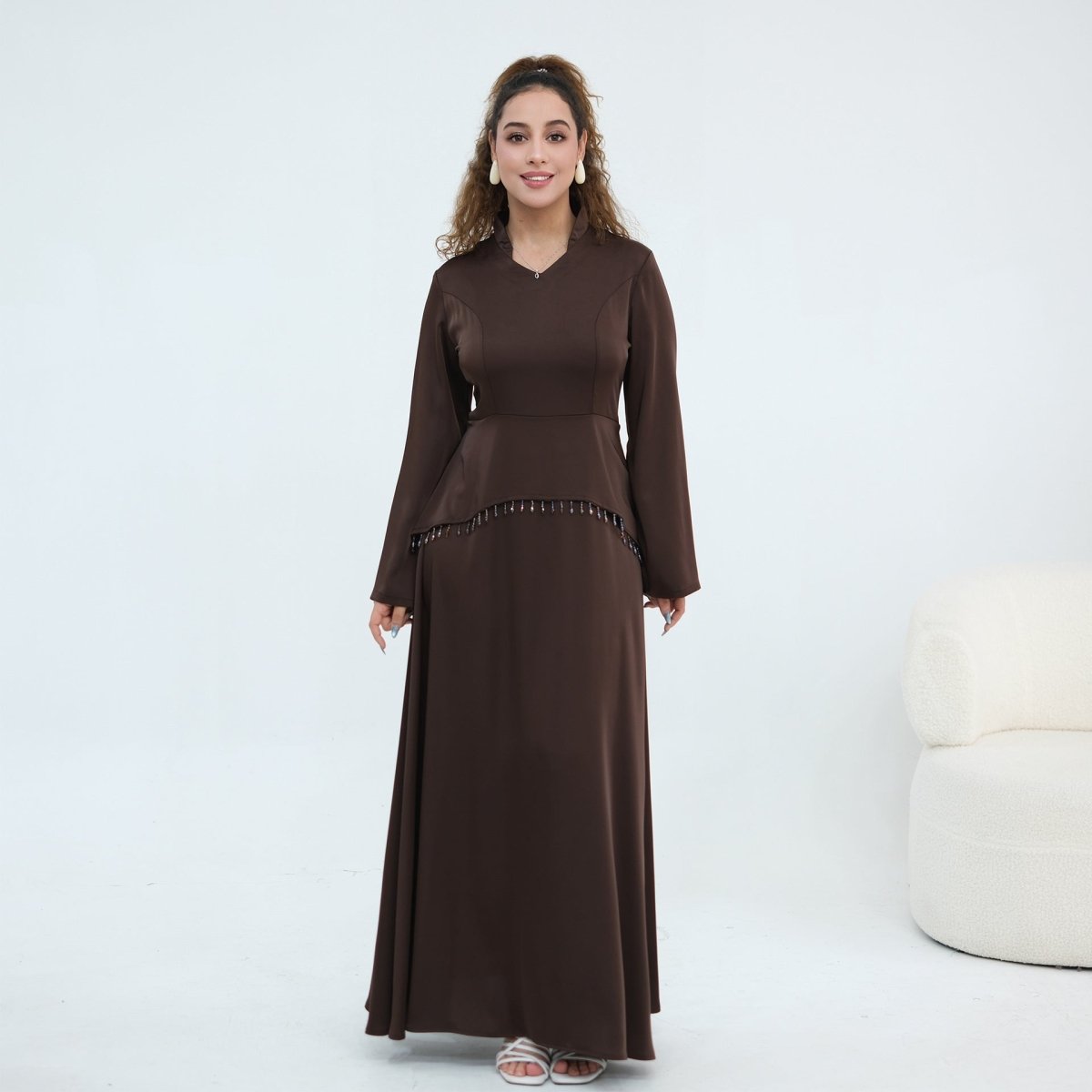 Beaded-Waist Corset-Back Flared-Sleeve Maxi Dress(MS476) - Pendo Store