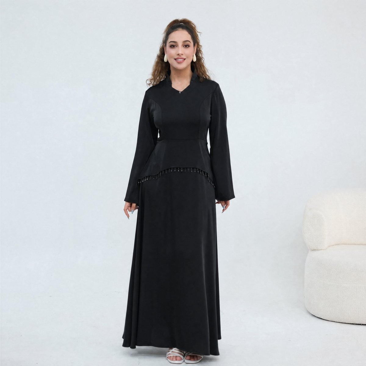Beaded-Waist Corset-Back Flared-Sleeve Maxi Dress(MS476) - Pendo Store
