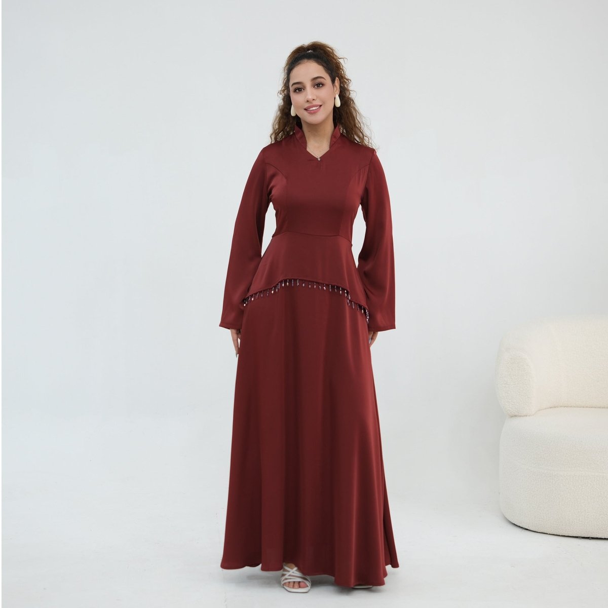 Beaded-Waist Corset-Back Flared-Sleeve Maxi Dress(MS476) - Pendo Store