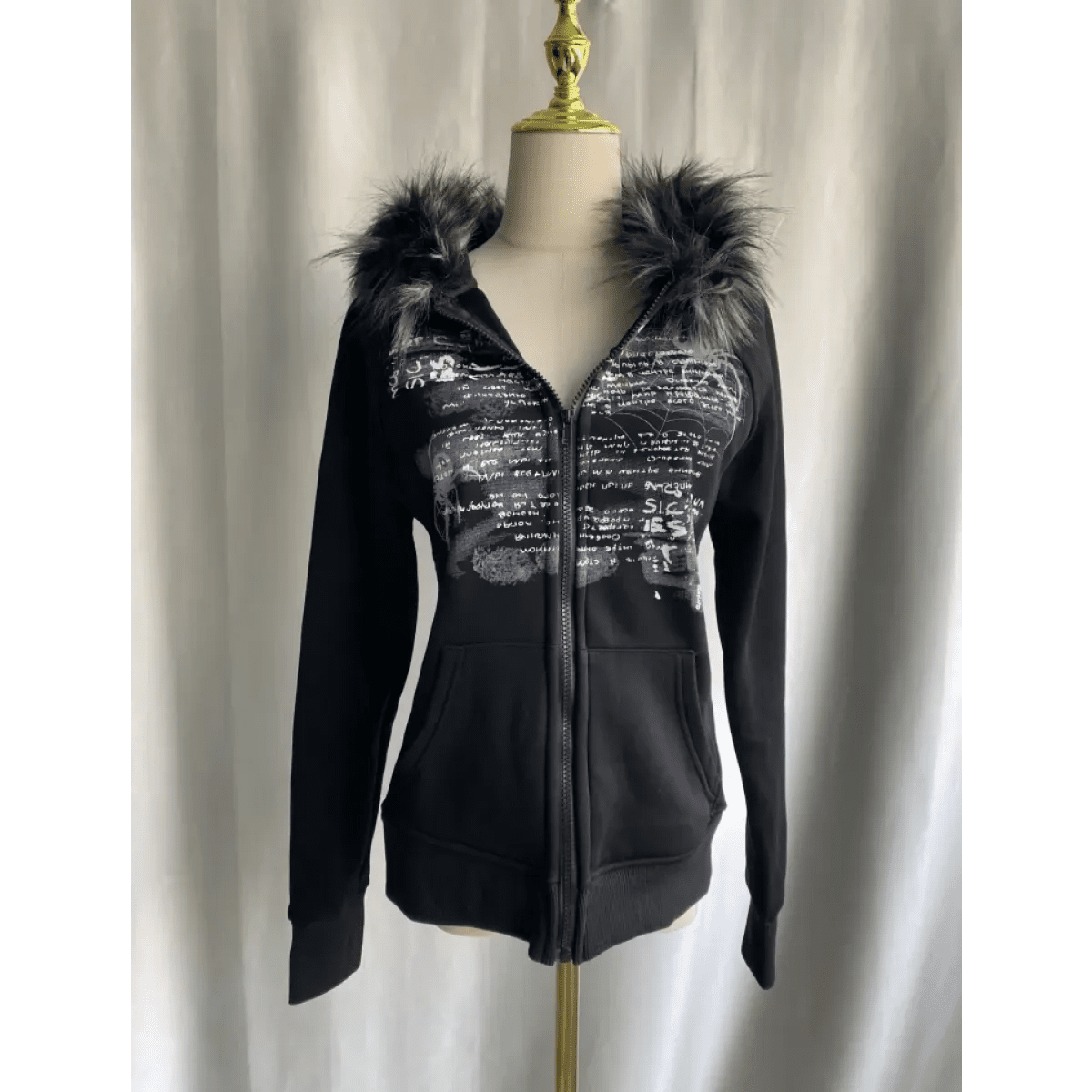 Black Gothic Grunge Fur Hooded Jacket - Pendo Store