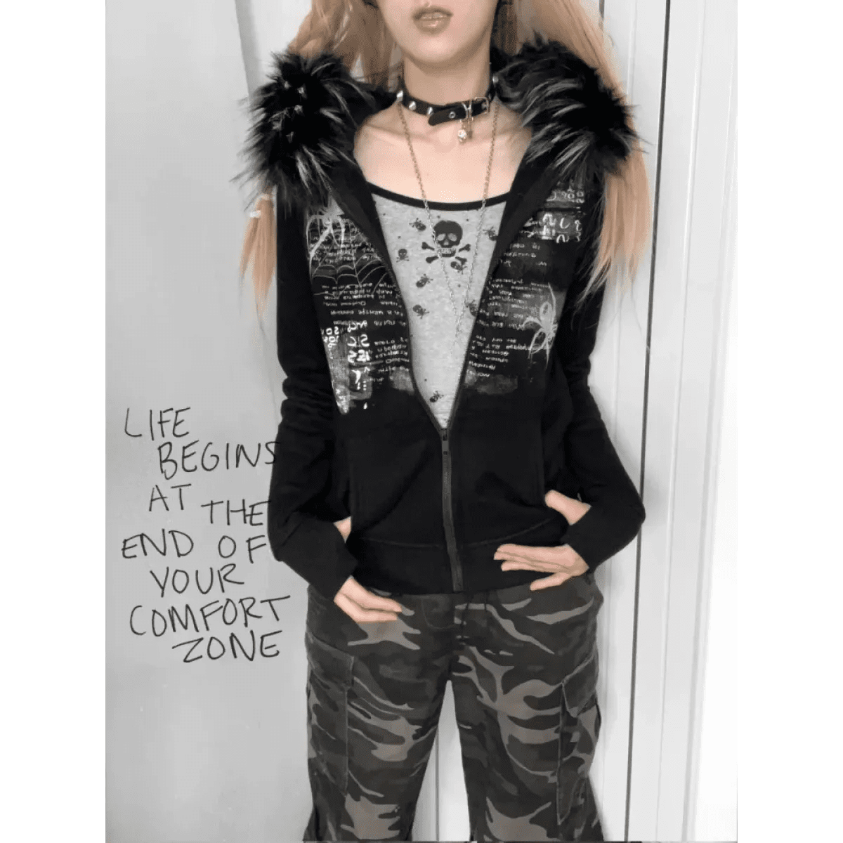 Black Gothic Grunge Fur Hooded Jacket - Pendo Store