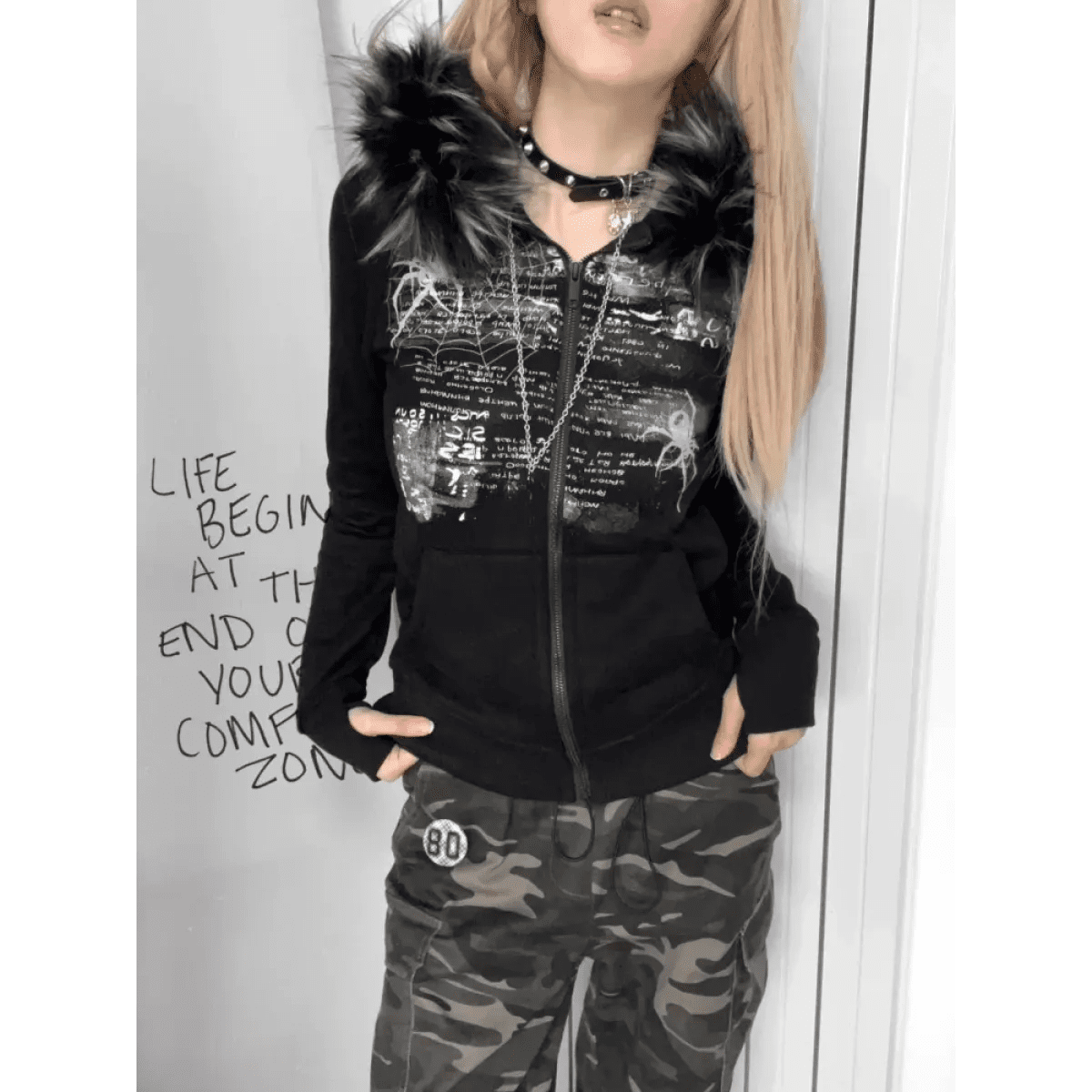Black Gothic Grunge Fur Hooded Jacket - Pendo Store