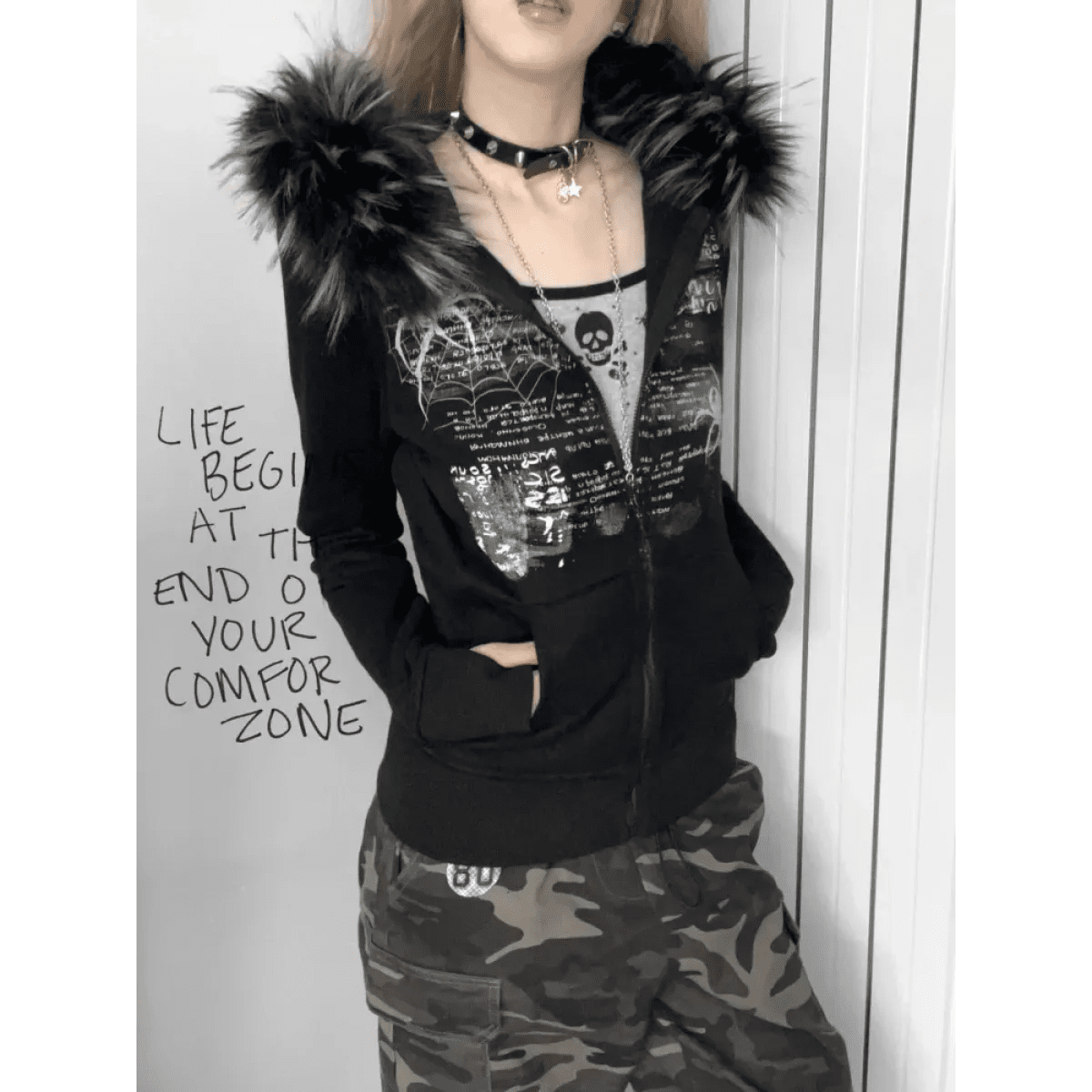 Black Gothic Grunge Fur Hooded Jacket - Pendo Store