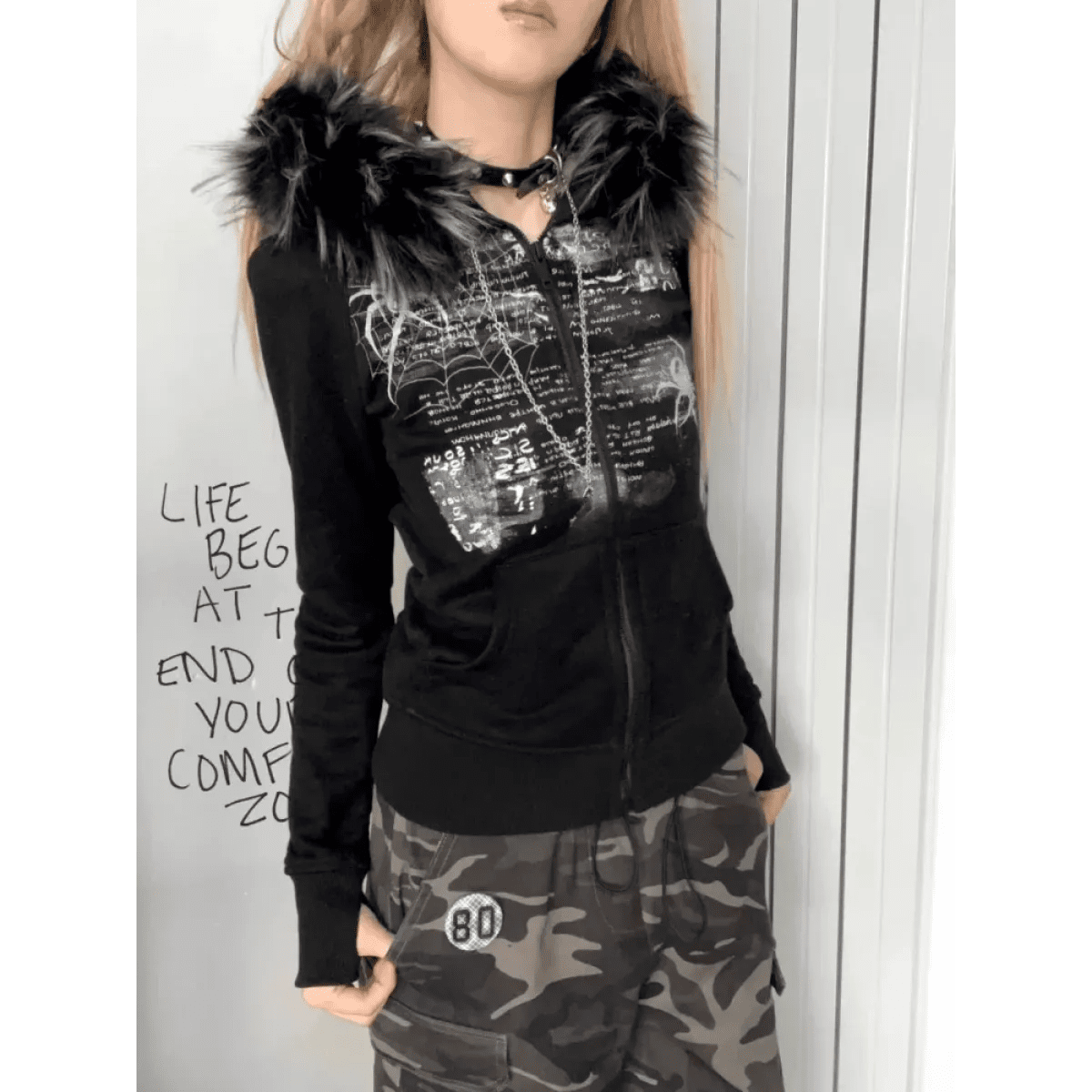 Black Gothic Grunge Fur Hooded Jacket - Pendo Store