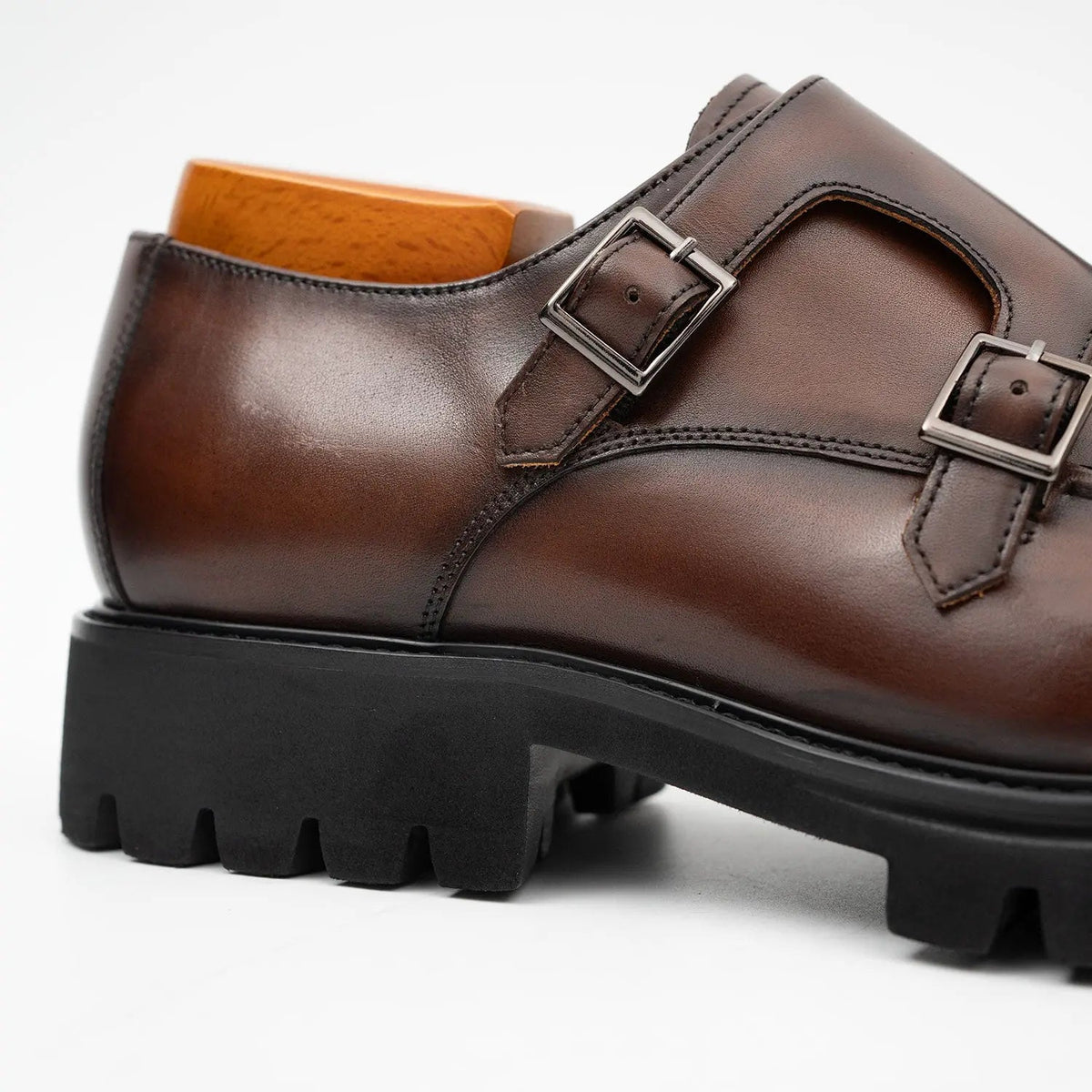 Brown Double Monk Strap Leather Shoes - Pendo Store