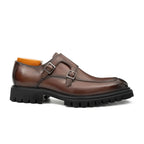 Brown Double Monk Strap Leather Shoes - Pendo Store