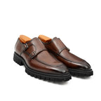 Brown Double Monk Strap Leather Shoes - Pendo Store