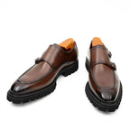 Brown Double Monk Strap Leather Shoes - Pendo Store