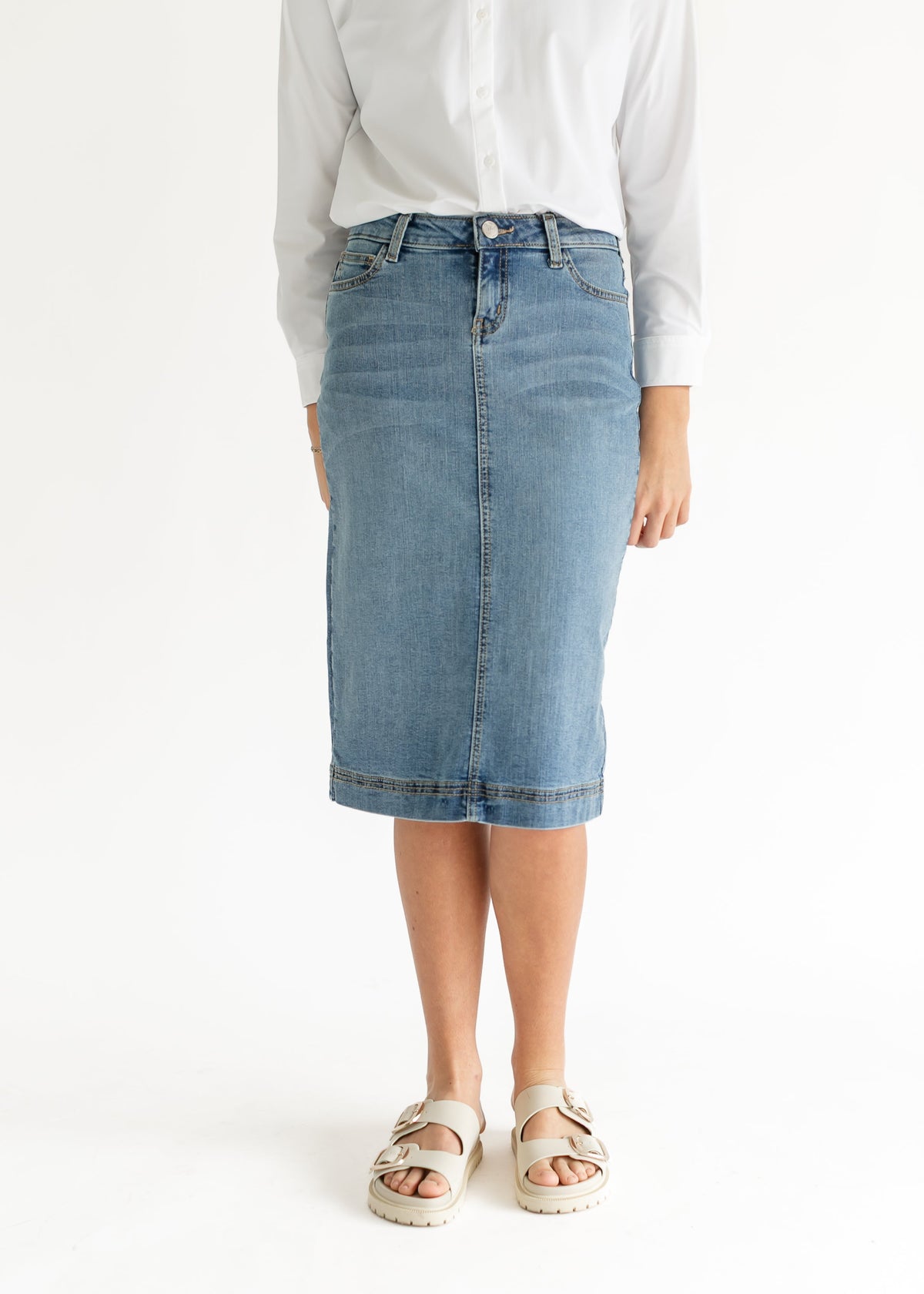 Bryn Light Wash Denim Midi Skirt - Pendo Store