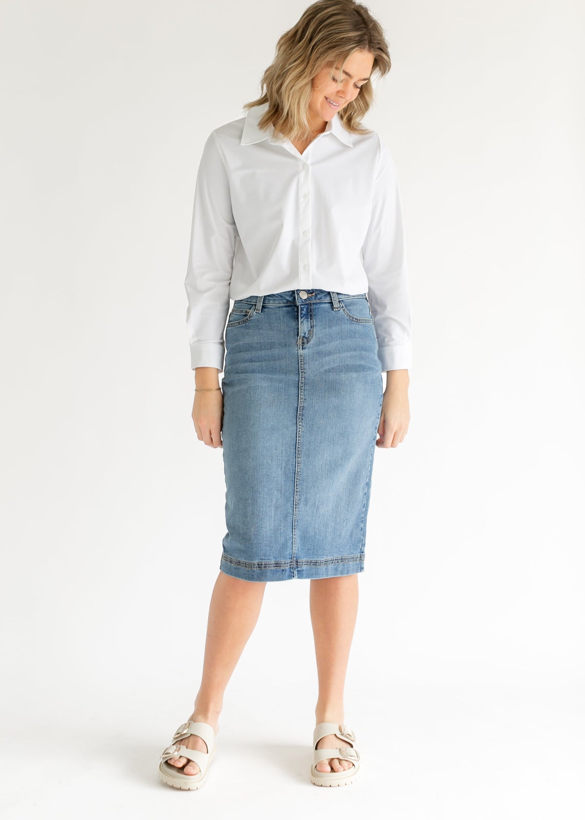 Bryn Light Wash Denim Midi Skirt - Pendo Store