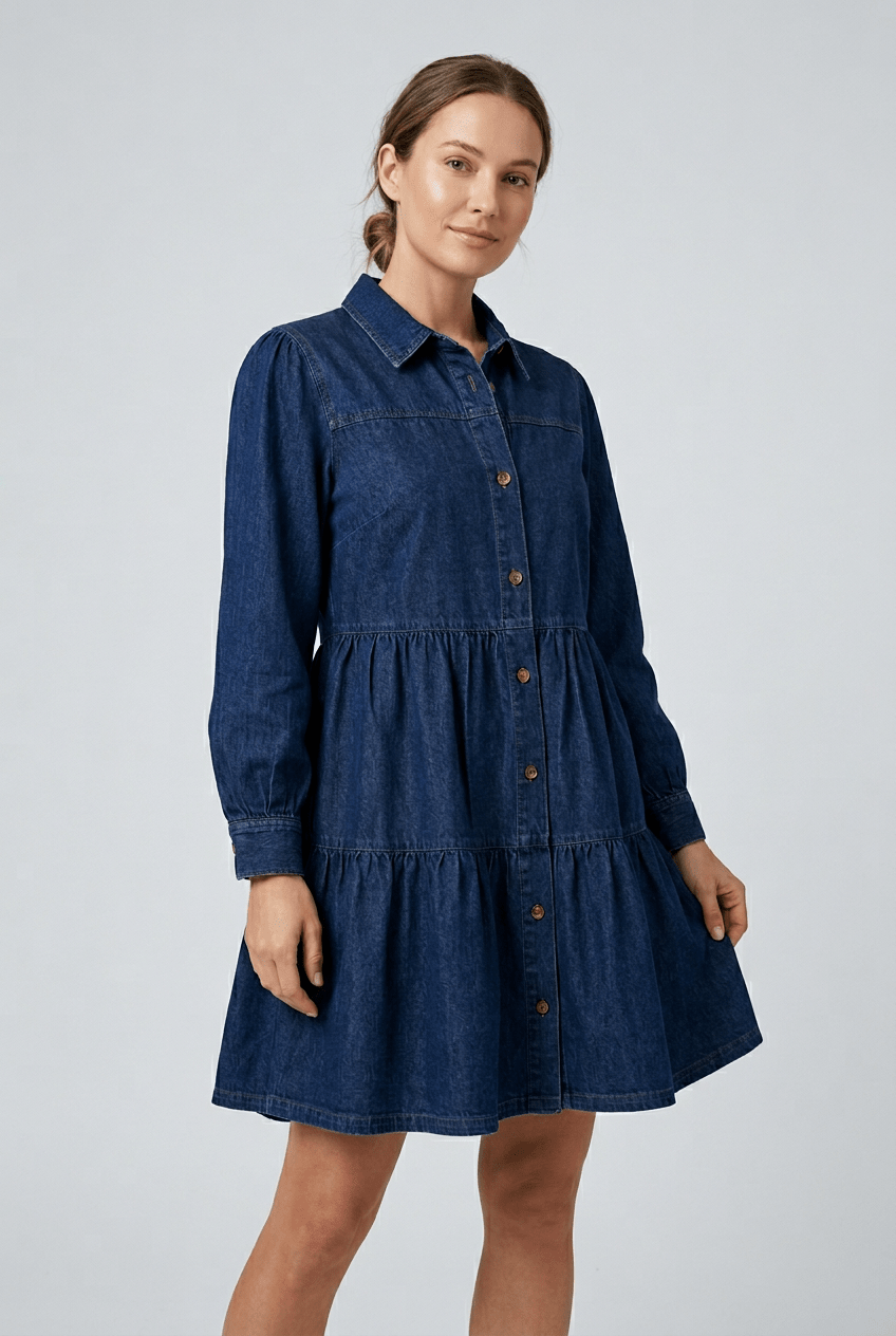 Button Down Babydoll Ruffle Denim Dress - Pendo Store