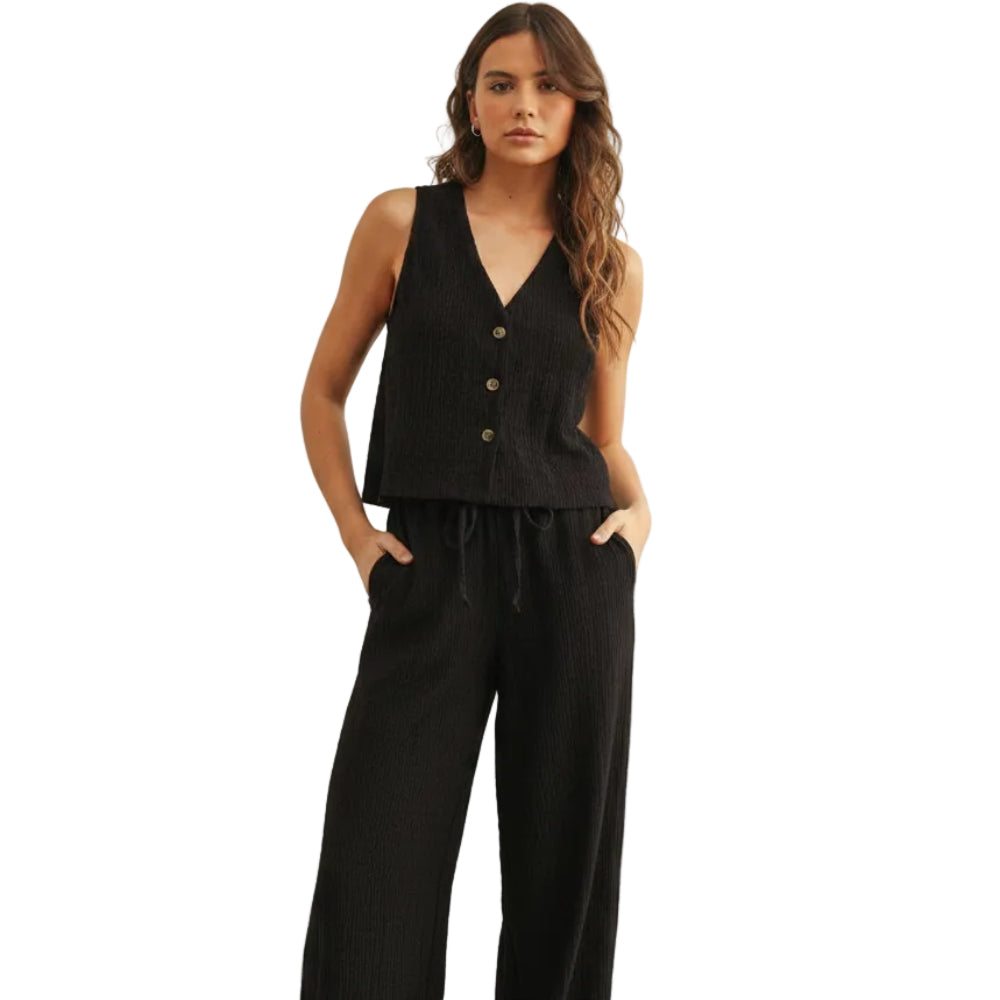 Crinkled Fabric Sleeveless Button Front Top
