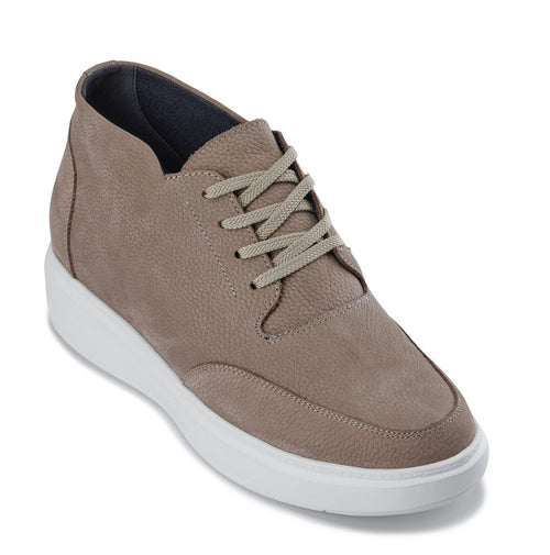CALTO - J1770 - 3.2 Inches Taller (Khaki) - Casual Chunky Sole Boots – Soft Pebble Grain Nubuck Leather - Pendo Store