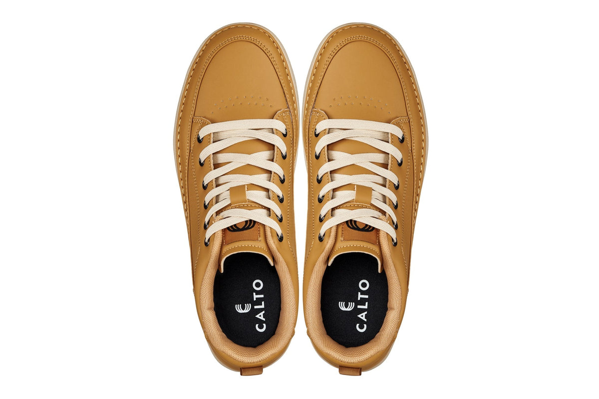 CALTO - Q274 - 2 Inches Taller (Camel Brown & Gum Sole) - Elevated Leatherette Micro-Perforated Sneakers - Pendo Store