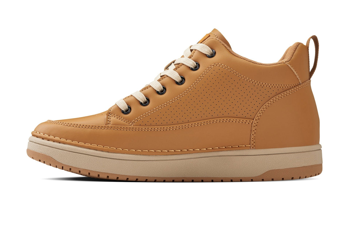 CALTO - Q274 - 2 Inches Taller (Camel Brown & Gum Sole) - Elevated Leatherette Micro-Perforated Sneakers - Pendo Store
