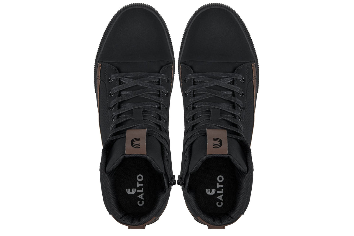 CALTO - S3422 - 2.4 Inches Taller (Black/Coffee Brown) - Cap Toe High Top Zip-Up Sneaker Boots - Pendo Store