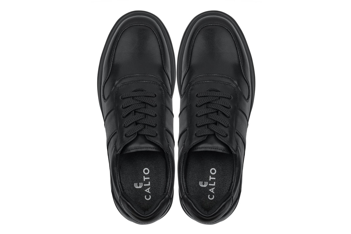 CALTO - Y7080 - 2.8 Inches Taller (Black) - Lightweight Nappa Leather Sneakers - Pendo Store