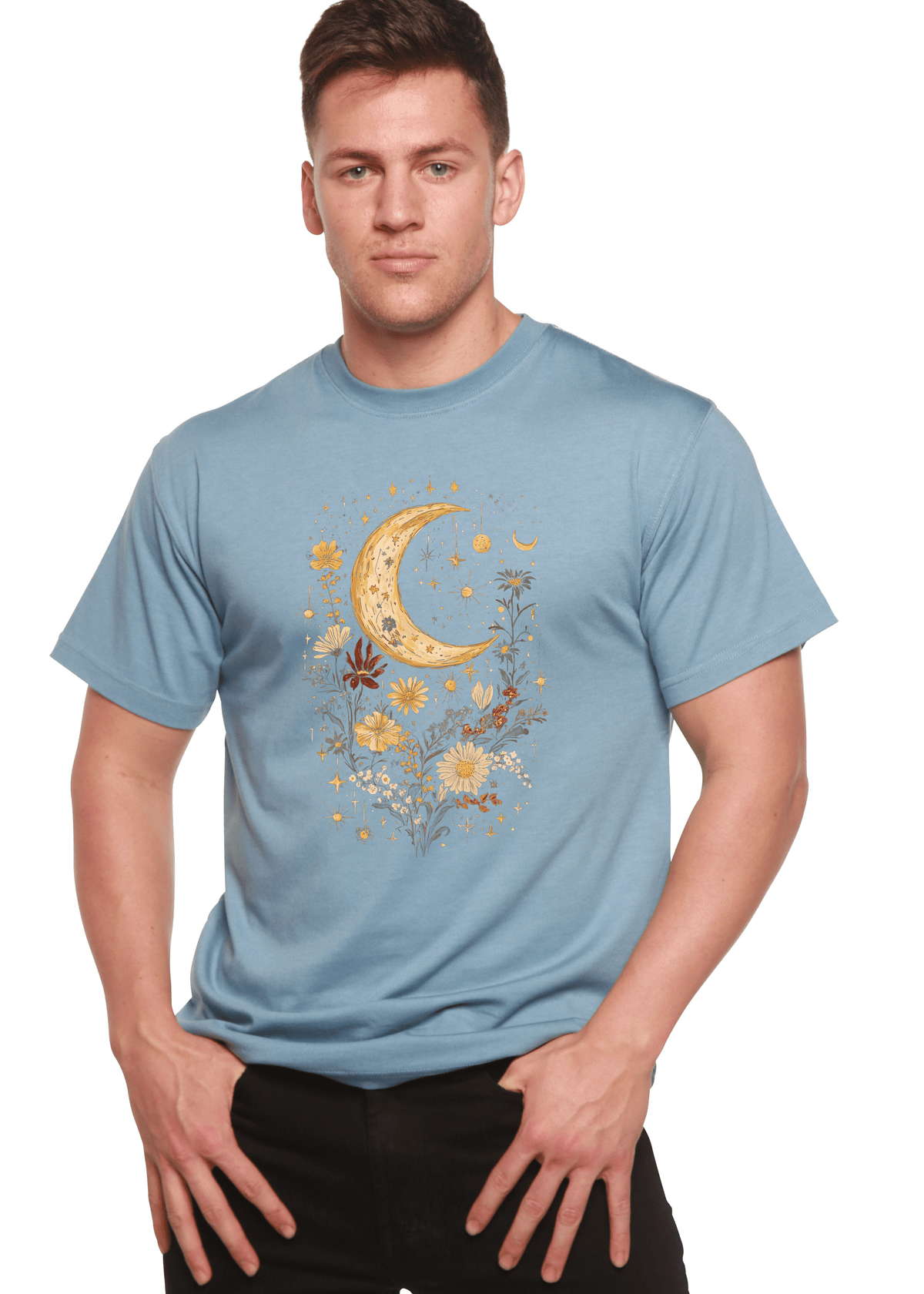 Celestial Moon Boho Flowers Vintage Unisex Bamboo/Cotton Graphic T-Shirt - Pendo Store