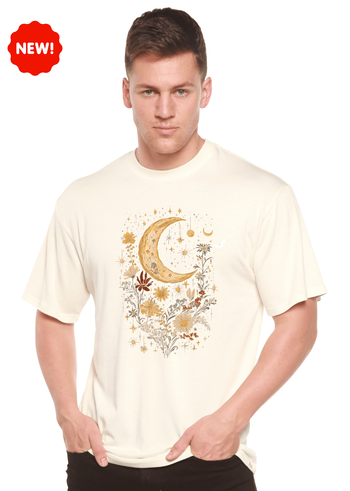 Celestial Moon Boho Flowers Vintage Unisex Bamboo/Cotton Graphic T-Shirt - Pendo Store