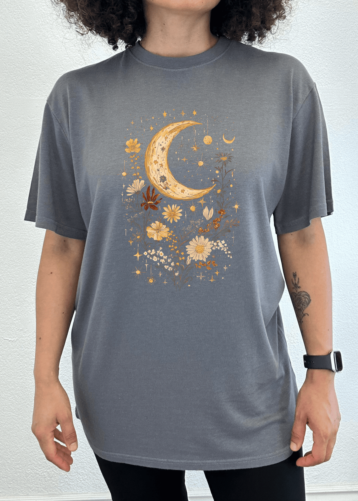Celestial Moon Boho Flowers Vintage Unisex Bamboo/Cotton Graphic T-Shirt - Pendo Store