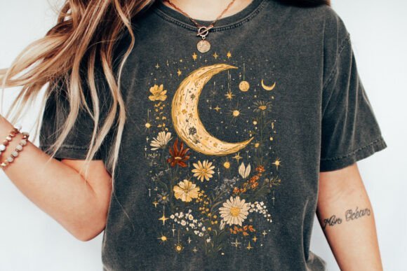 Celestial Moon Boho Flowers Vintage Unisex Bamboo/Cotton Graphic T-Shirt - Pendo Store