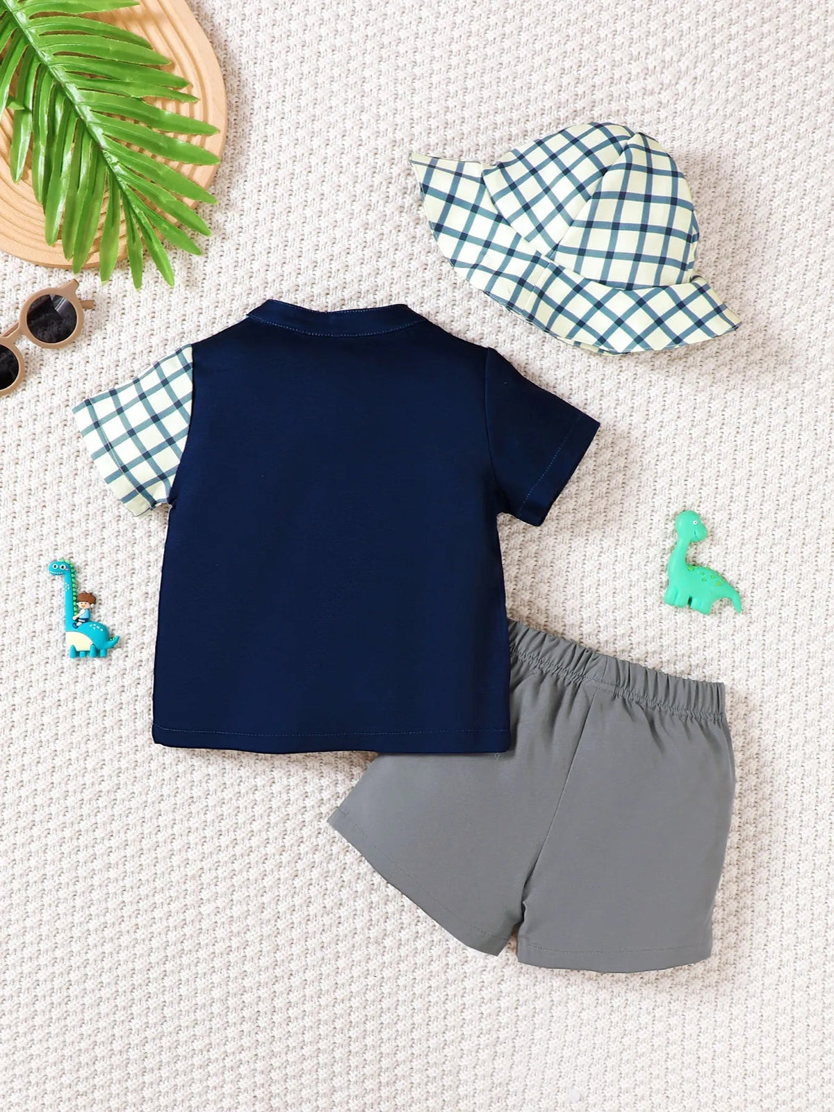 Children's Hat Dinosaur Plaid Button Up Top and Shorts 3-Piece Set - Pendo Store