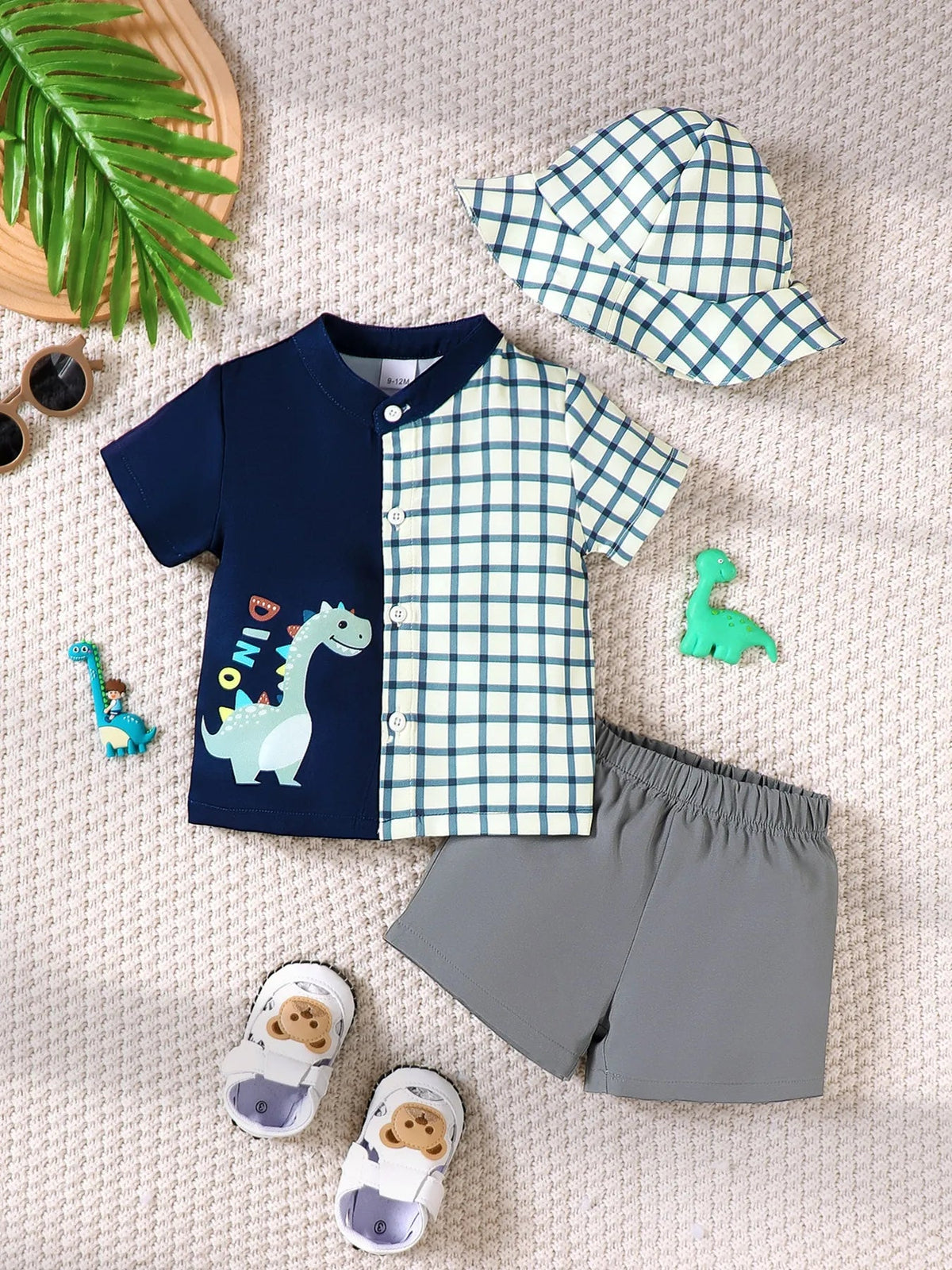 Children's Hat Dinosaur Plaid Button Up Top and Shorts 3-Piece Set - Pendo Store