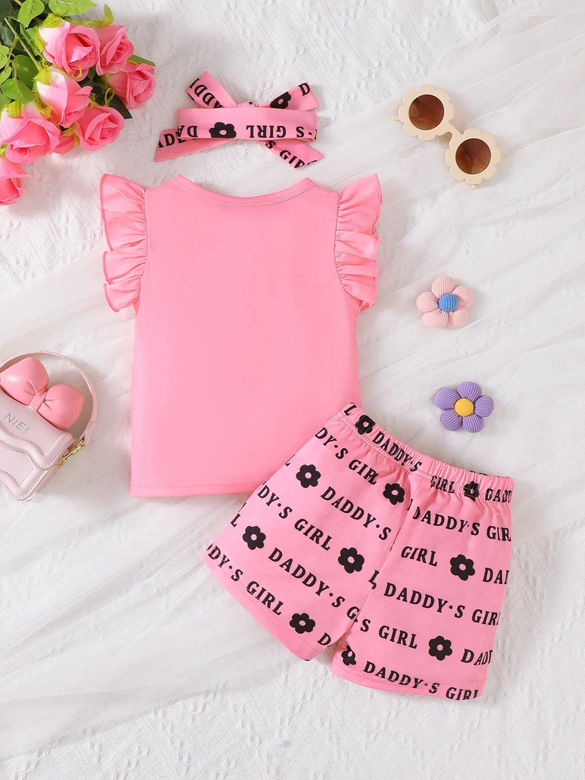 Children's Headband Letter Ruffle Sleeve Top and Shorts 3-Piece Set - Pendo Store