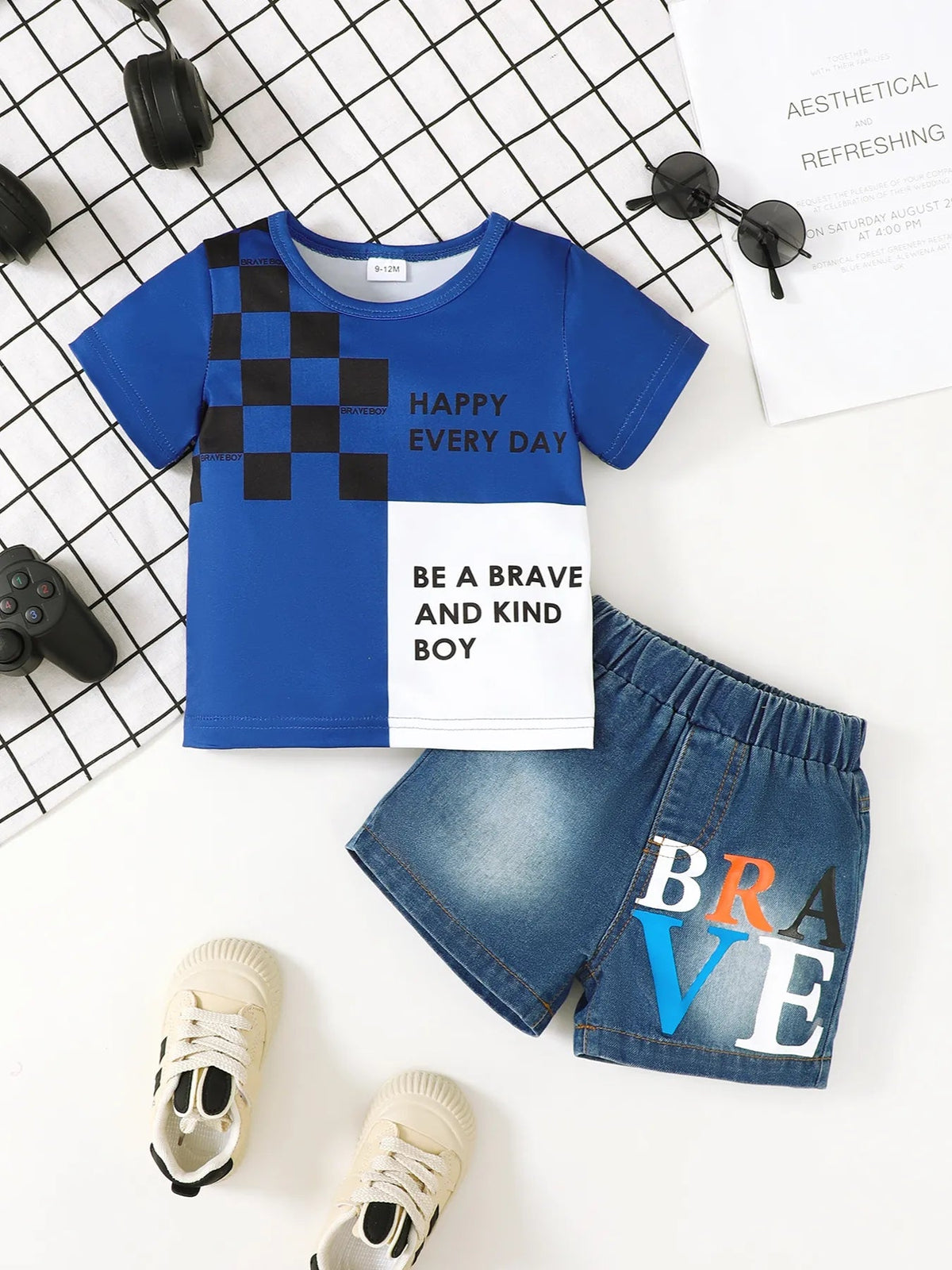 Children's Letter Round Neck Top and Denim Shorts Set - Pendo Store