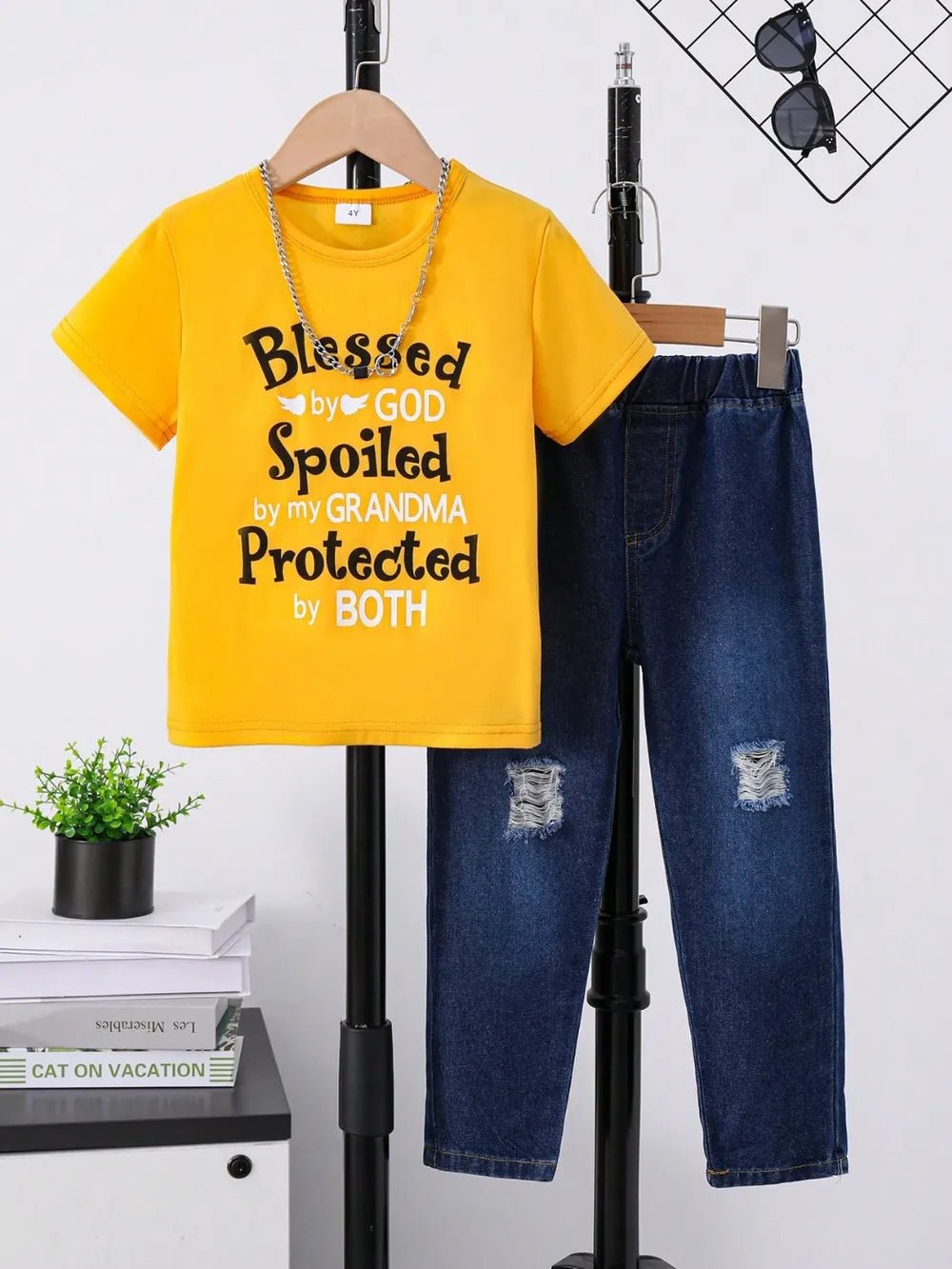 Children's Round Neck Letter Graphic T-Shirt and Distressed Jeans Set - Pendo Store