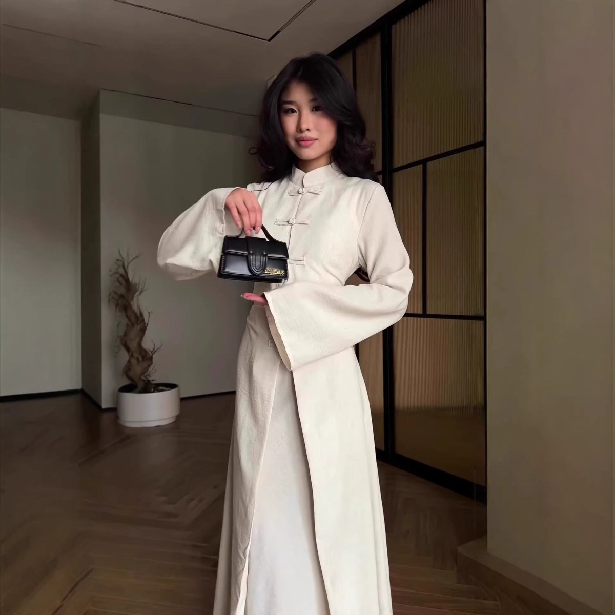 Chinese Frog Button Stand Collar Top & Wide-Leg Maxi Skirt Co-ord Set(MS483) - Pendo Store