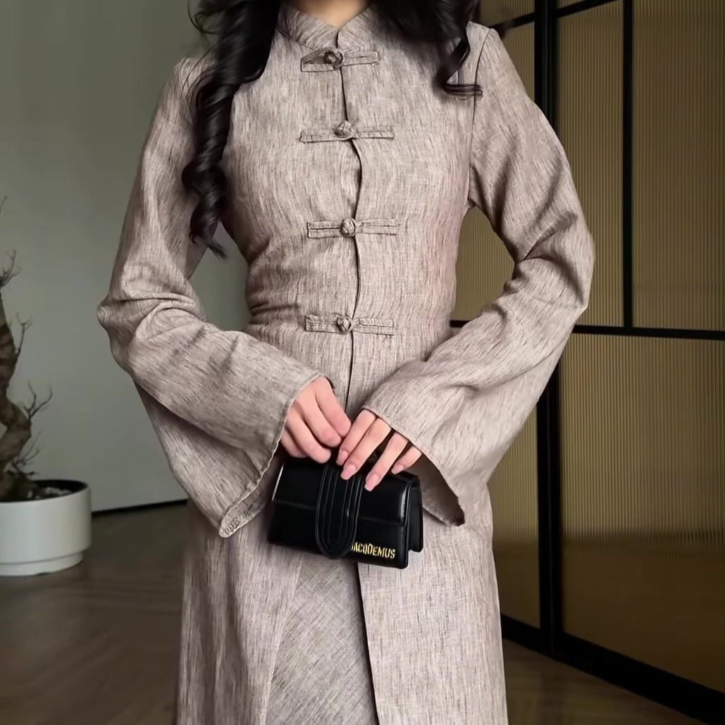 Chinese Frog Button Stand Collar Top & Wide-Leg Maxi Skirt Co-ord Set(MS483) - Pendo Store