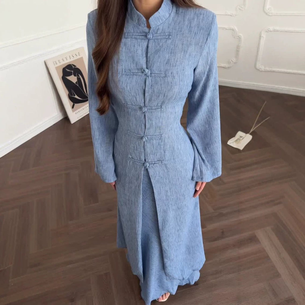 Chinese Frog Button Stand Collar Top & Wide-Leg Maxi Skirt Co-ord Set(MS483)