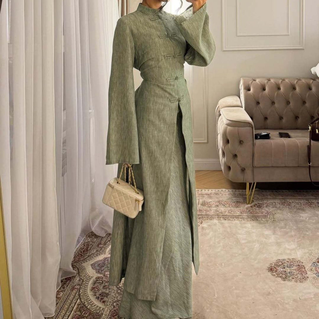 Chinese Frog Button Stand Collar Top & Wide-Leg Maxi Skirt Co-ord Set(MS483)