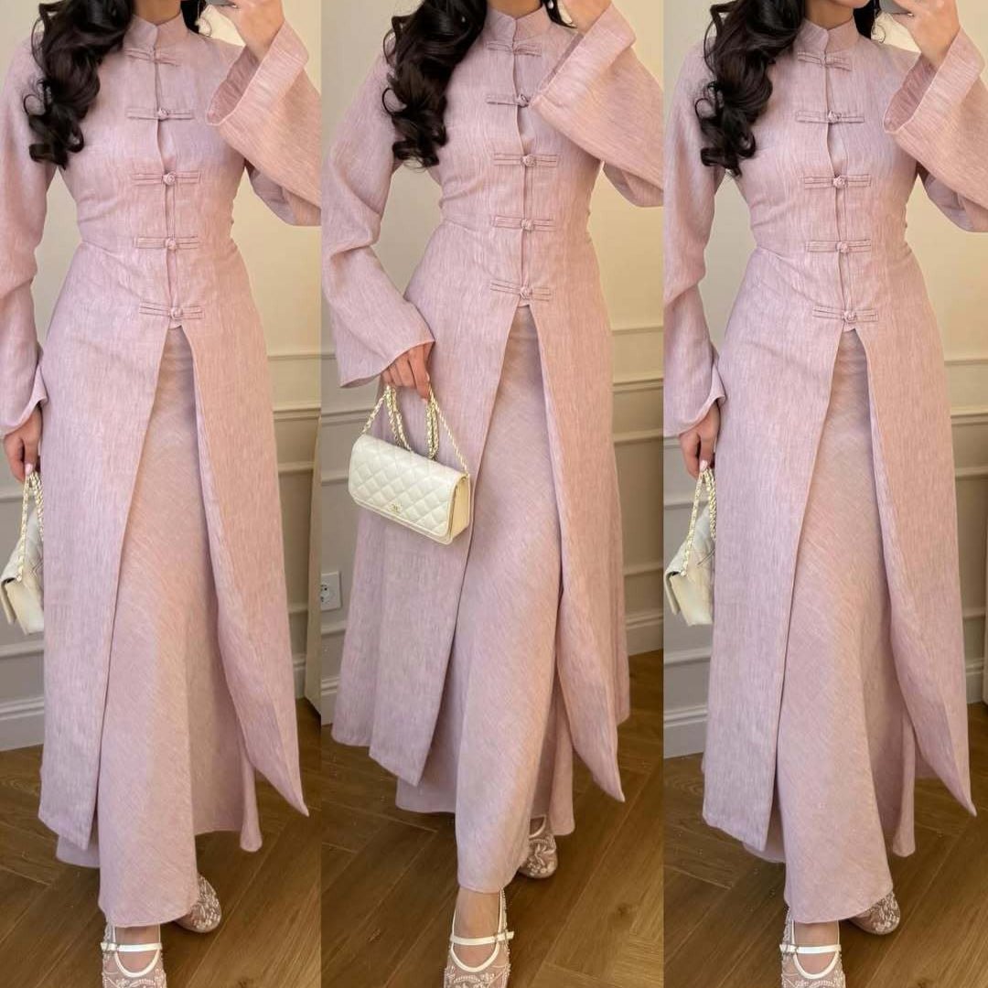 Chinese Frog Button Stand Collar Top & Wide-Leg Maxi Skirt Co-ord Set(MS483)